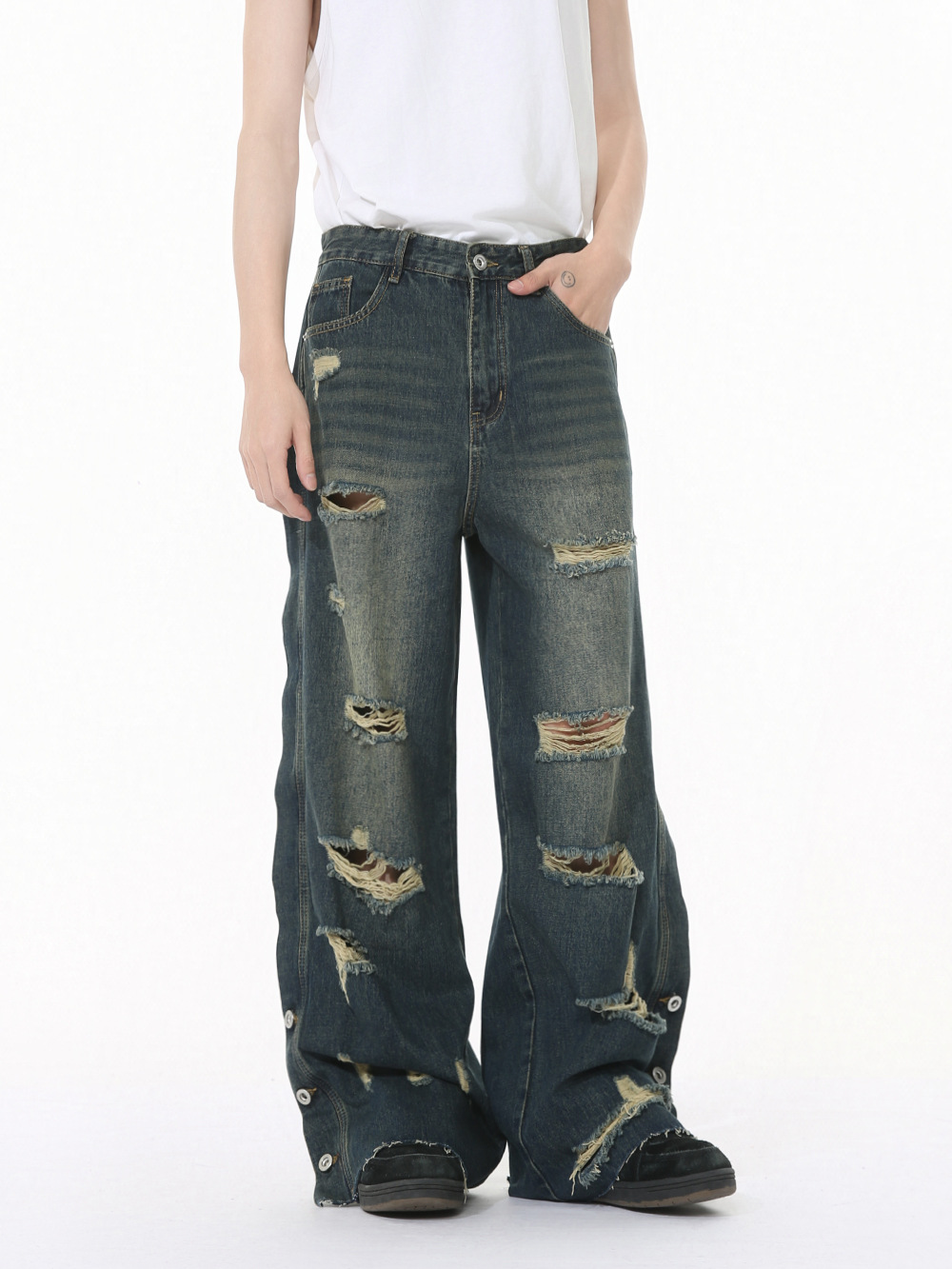 メンズデニムパンツ ダメージ加工 ワイドデニムパンツ