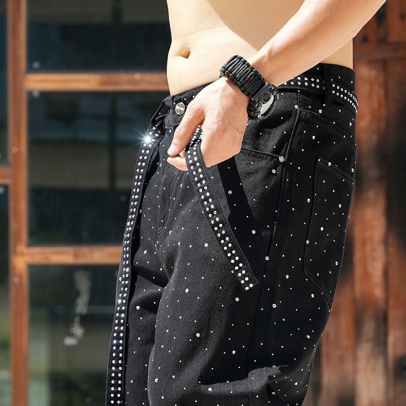 メンズデニムパンツ ラインストーン黒 ワイド