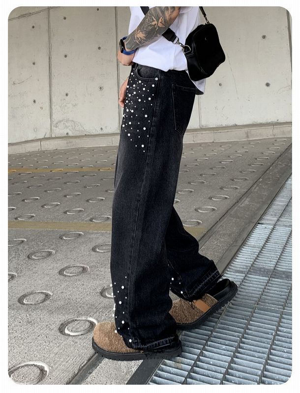 メンズデニムパンツ ラインストーン装飾メンズワイドデニム 男女兼用