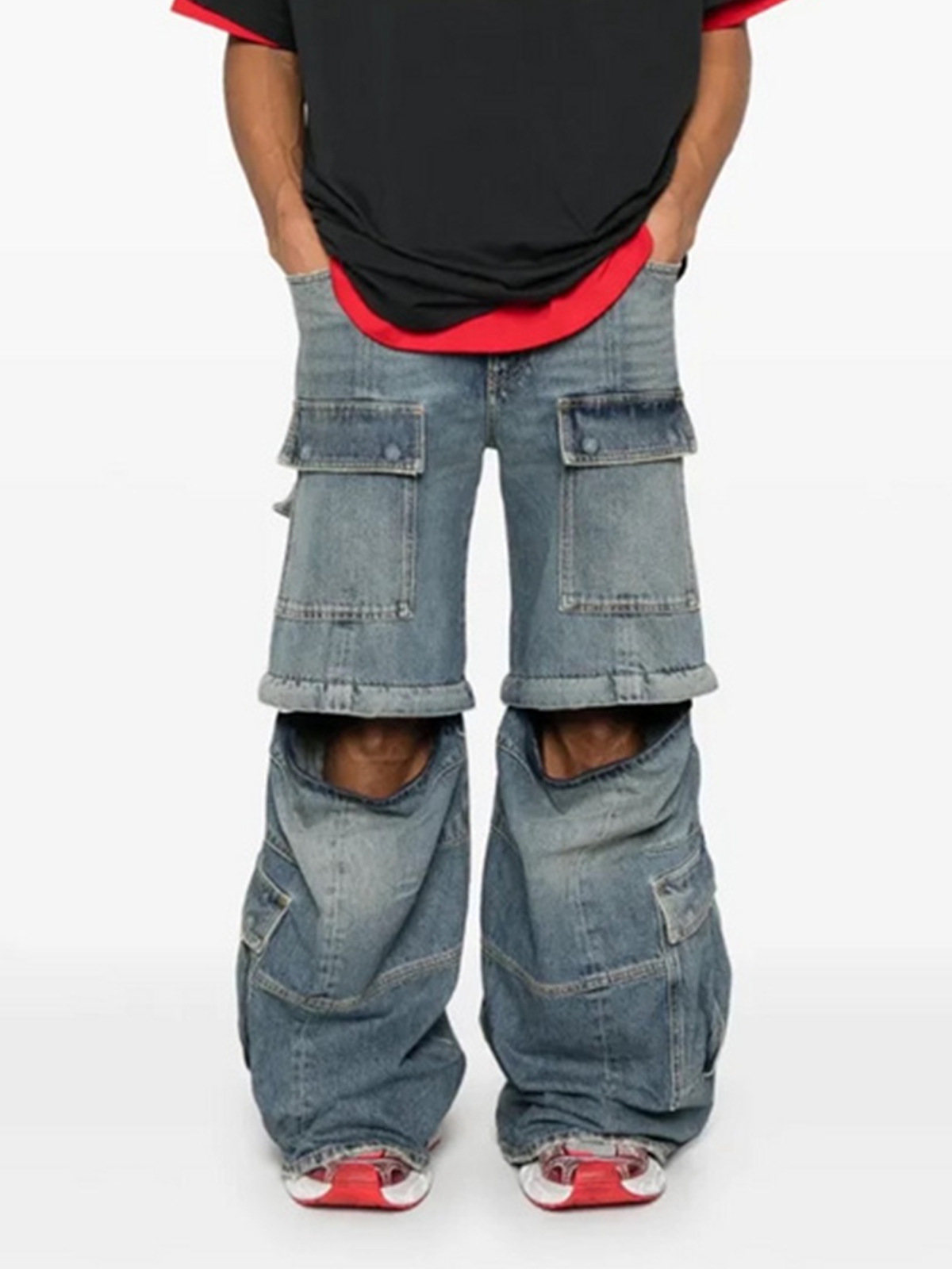 メンズデニムパンツ ビンテージ風 カーゴ ワイドシルエット