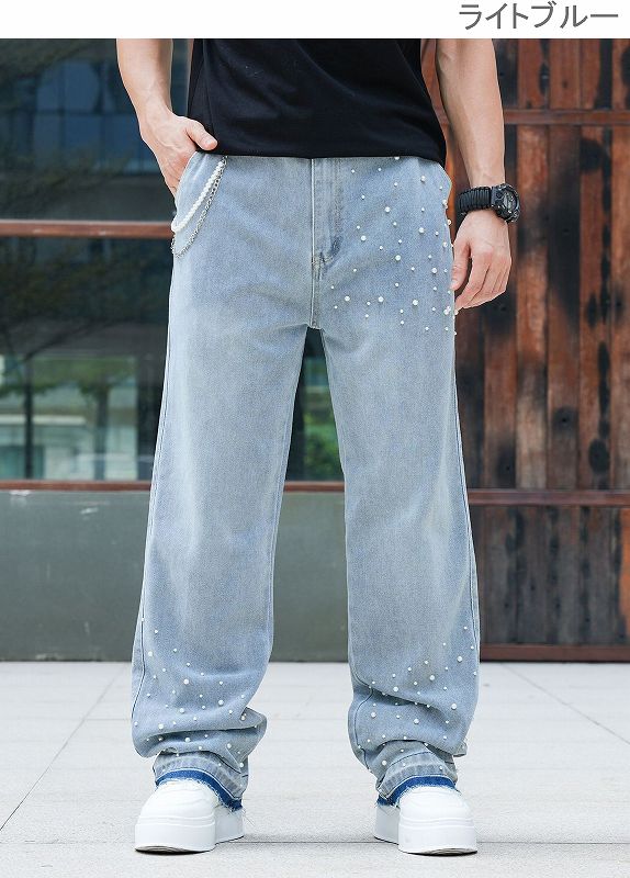 ラインストーン装飾ワイドメンズデニムパンツ