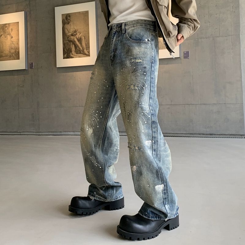 メンズデニムパンツ ラインストーン装飾デニムパンツ メンズバギー