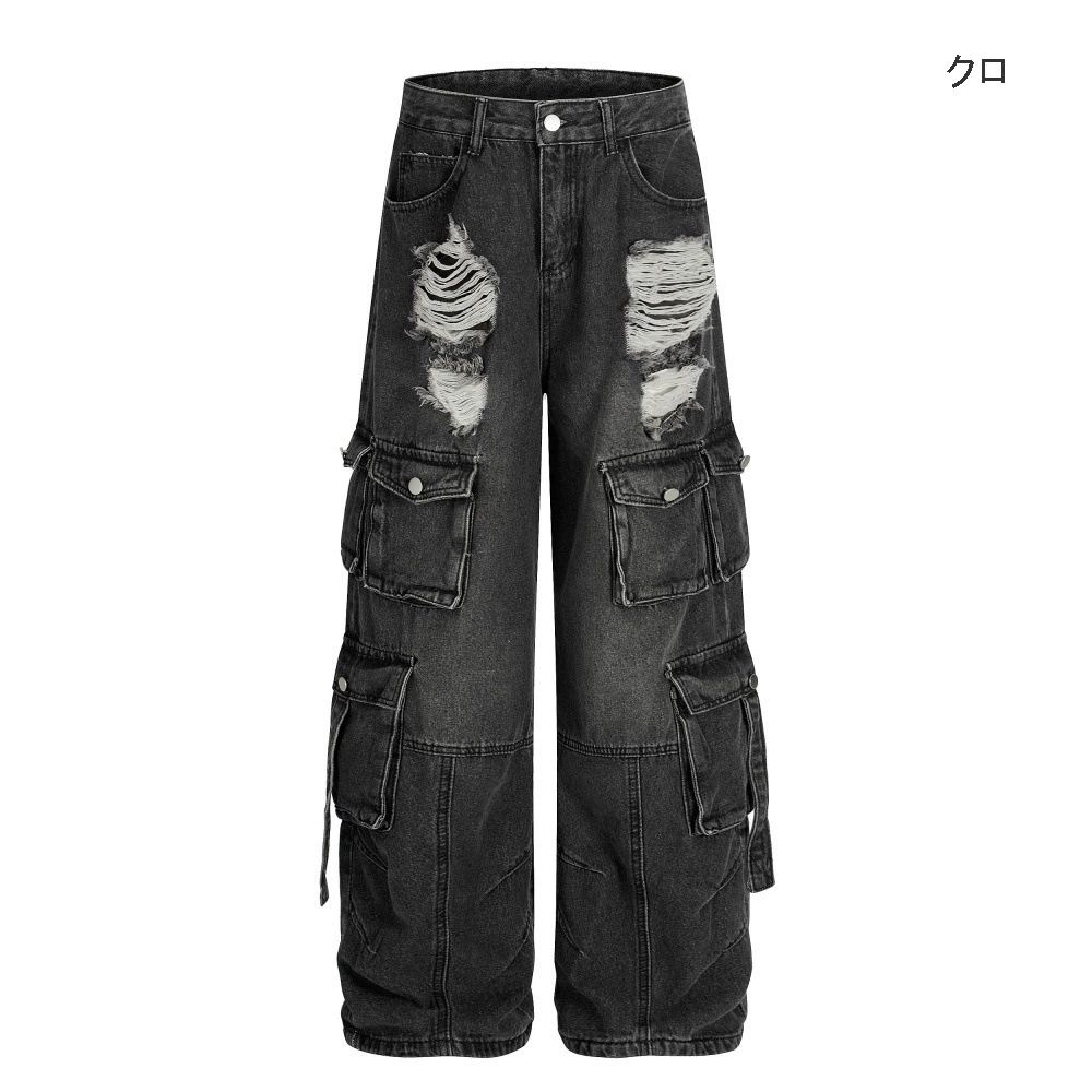 メンズデニムパンツ ダメージ加工カーゴ男女兼用全2色