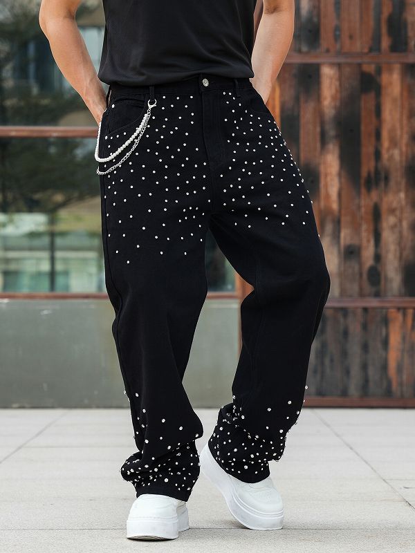 メンズデニムパンツ 男性用ラインストーン装飾デニムパンツ黒色街系新作