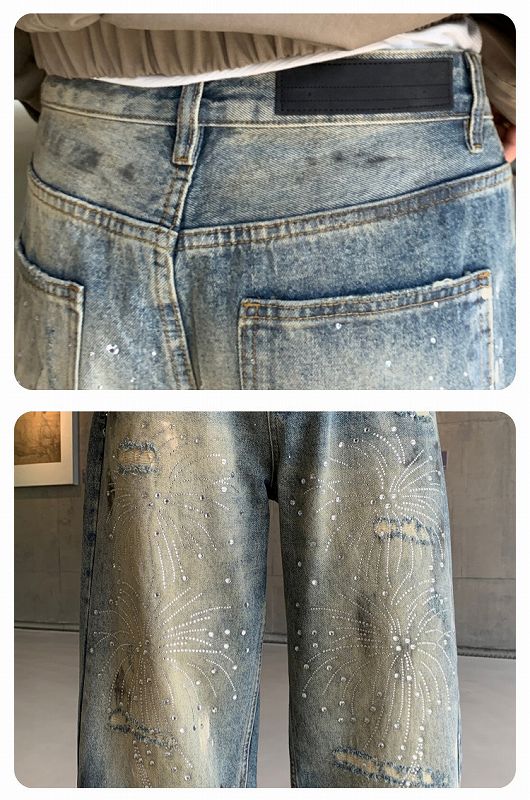 メンズデニムパンツ ラインストーン装飾デニムパンツ メンズバギー
