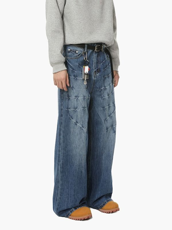メンズデニムパンツ ワイドシルエット ダメージ加工 ストリート系ボトムス