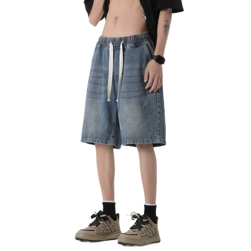 メンズデニムパンツ ヴィンテージ加工ワイドデニムショートパンツ