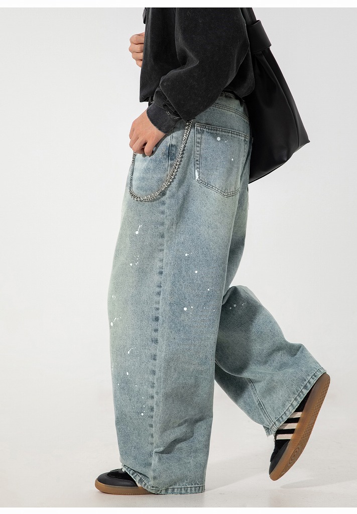 メンズデニムパンツ ヴィンテージウォッシュ ペイント加工 ワイド