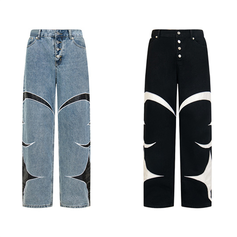 メンズデニムパンツ 刺繍入りワイドデニムパンツ メンズ ストリート系 全2色