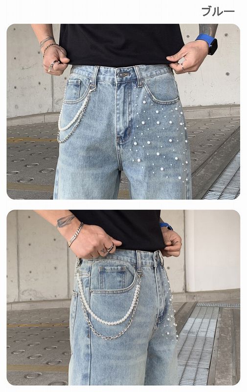 メンズデニムパンツ ラインストーン装飾メンズワイドデニム 男女兼用