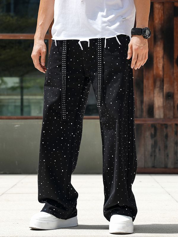 メンズデニムパンツ ラインストーン黒 ワイド