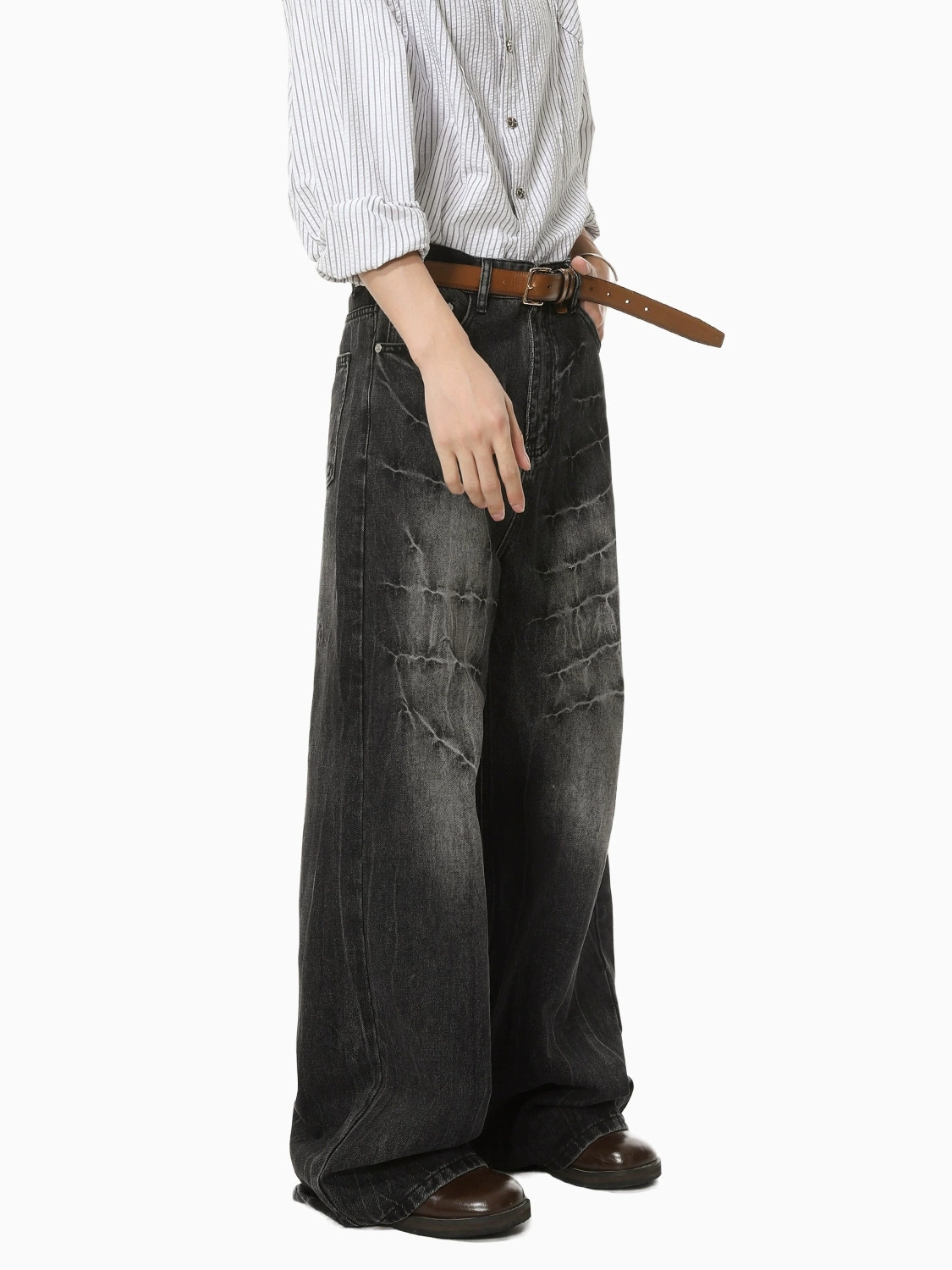 メンズデニムパンツ ワイドシルエット ダメージ加工 ストリート系ボトムス