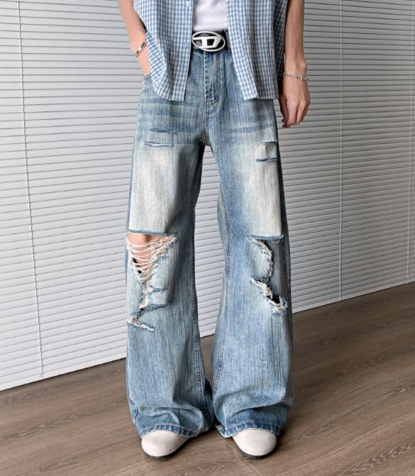 メンズデニムパンツ 復古風ダメージ加工デニムパンツ メンズワイドボトムス