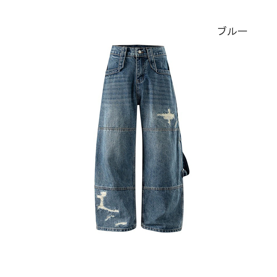 メンズデニムパンツ ダメージ加工ワイドデニムパンツ メンズストリート系