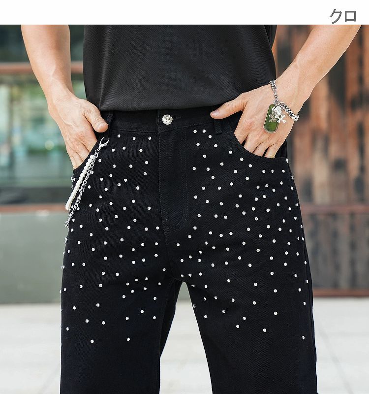 メンズデニムパンツ 男性用ラインストーン装飾デニムパンツ黒色街系新作