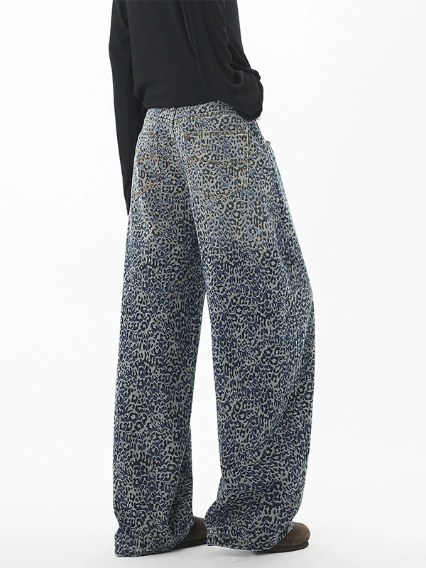 メンズデニムパンツ 豹柄プリントワイド秋冬