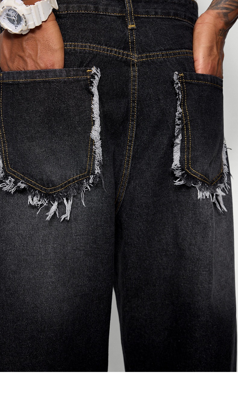 メンズデニムパンツ ウォッシュ加工 ダメージ風パッチ付きワイド ゆったりシルエット