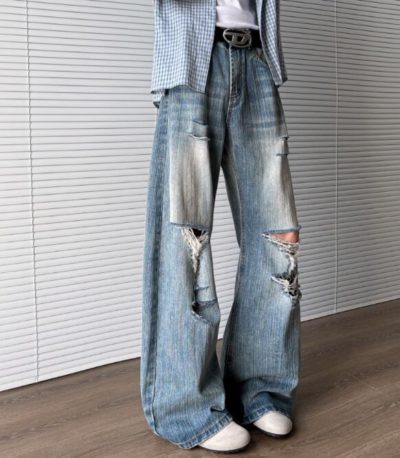 メンズデニムパンツ 復古風ダメージ加工デニムパンツ メンズワイドボトムス