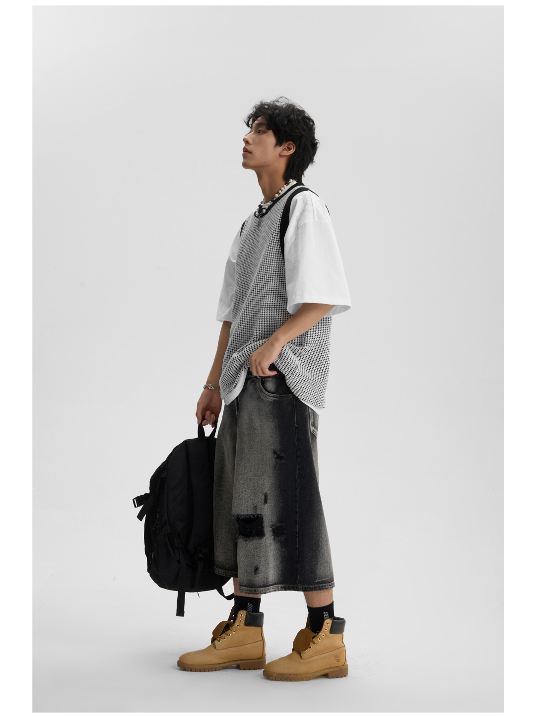 デニムパンツメンズ ワイドシルエット破れ加工デニム