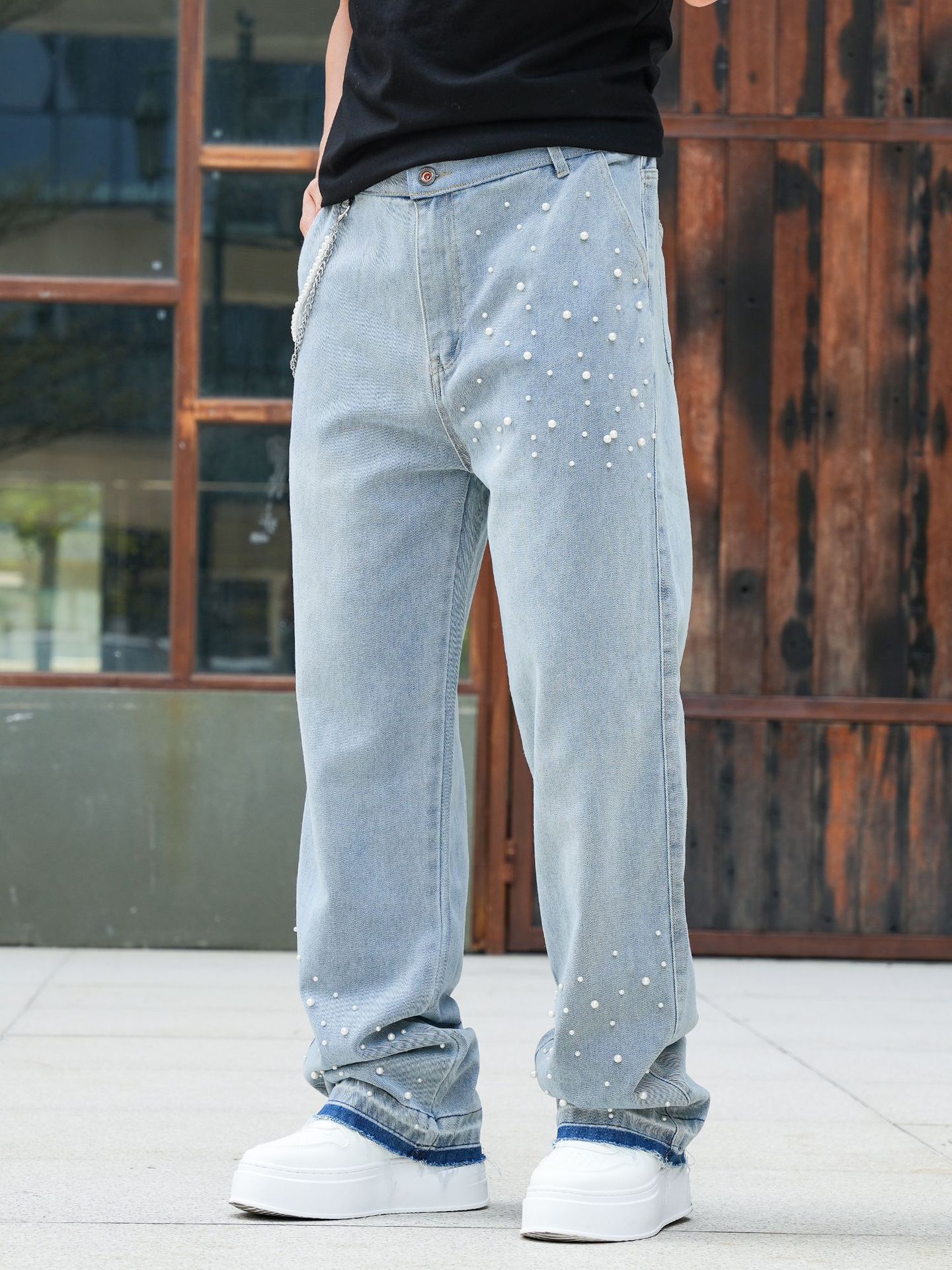 ラインストーン装飾ワイドメンズデニムパンツ