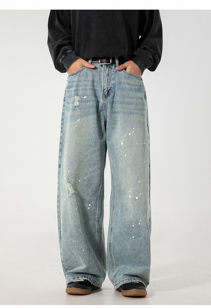 メンズデニムパンツ ヴィンテージウォッシュ ペイント加工 ワイド