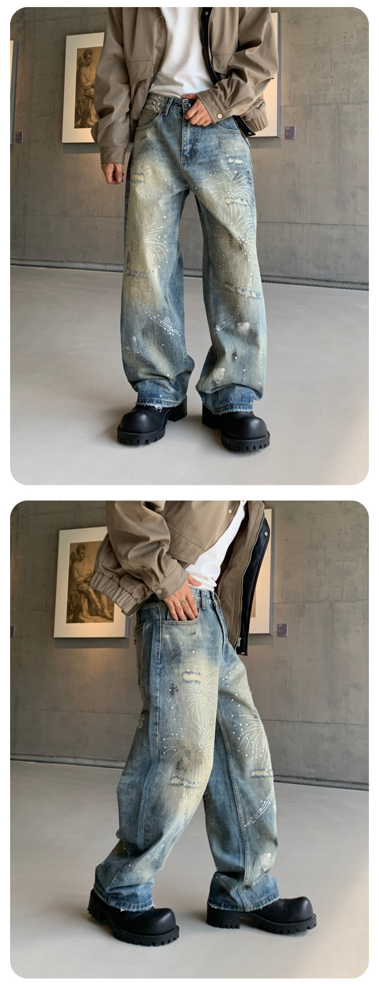 メンズデニムパンツ ラインストーン装飾デニムパンツ メンズバギー