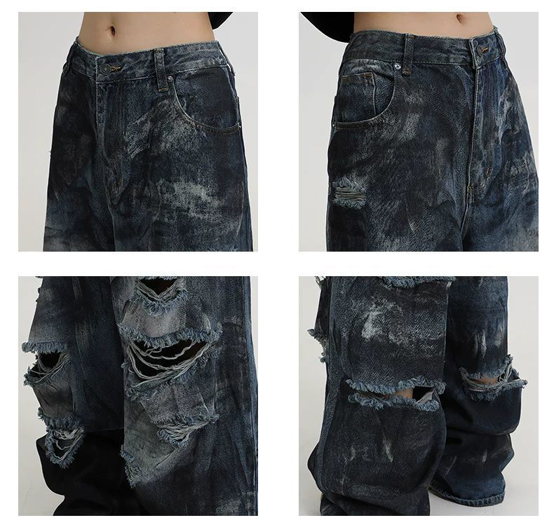 メンズデニムパンツ メンズ ダメージ加工 ワイドデニムパンツ