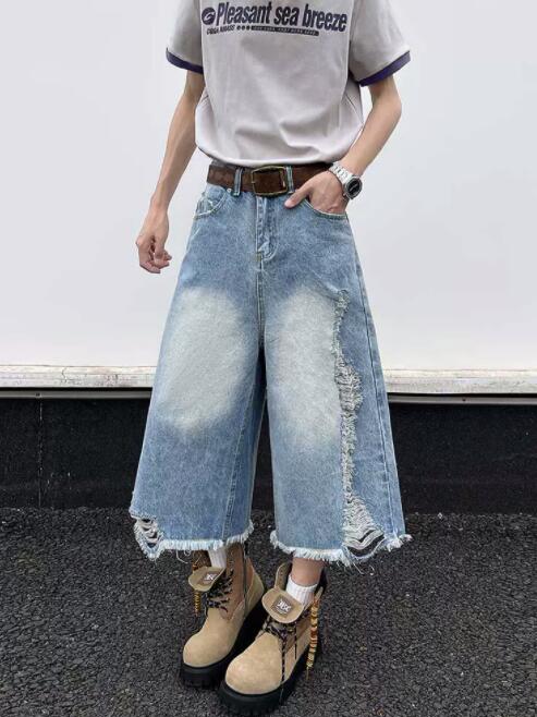 メンズデニムパンツ メンズデニムワイドハーフパンツダメージ加工