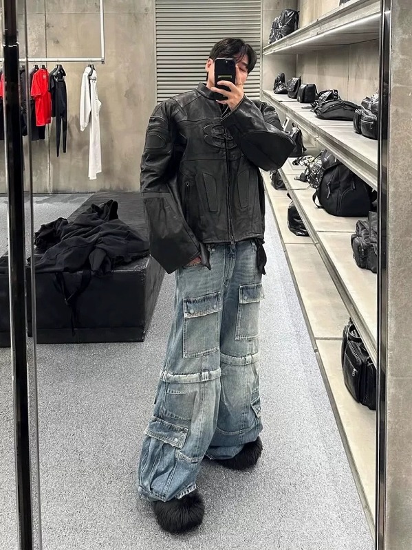 メンズデニムパンツ ビンテージ風 カーゴ ワイドシルエット