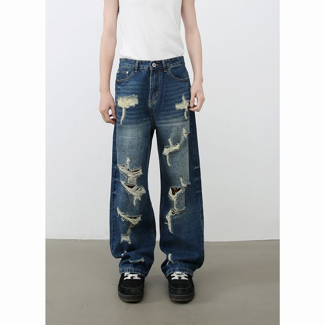 メンズデニムパンツ メンズ ダメージ加工 ワイドデニム