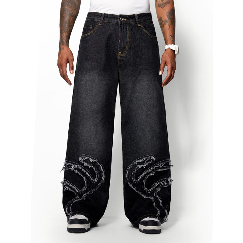 メンズデニムパンツ ウォッシュ加工 ダメージ風パッチ付きワイド ゆったりシルエット