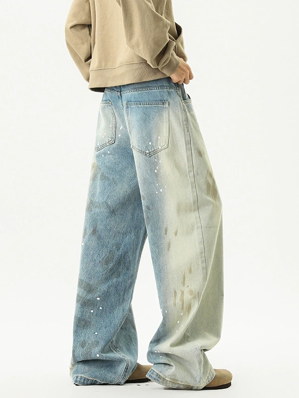 メンズデニムパンツ ビンテージ加工ワイドデニムパンツ男女兼用ストリート系