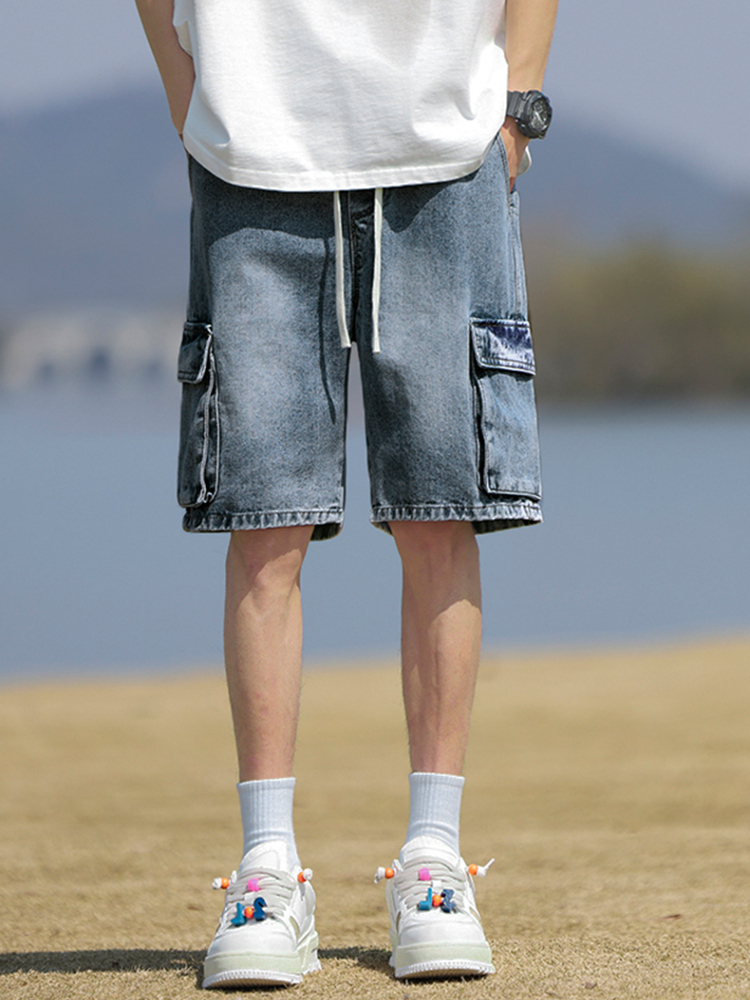 デニムパンツメンズ ワイド ゆったりカーゴデニムハーフパンツ