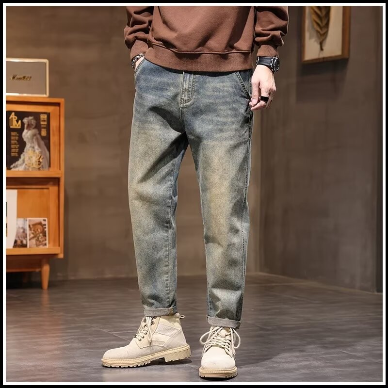 ヴィンテージ加工ストレート ワイド デニムパンツ