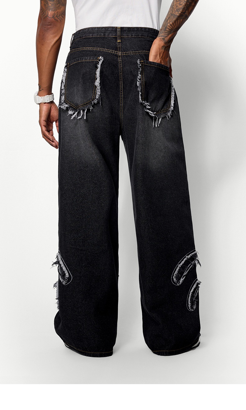 メンズデニムパンツ ウォッシュ加工 ダメージ風パッチ付きワイド ゆったりシルエット