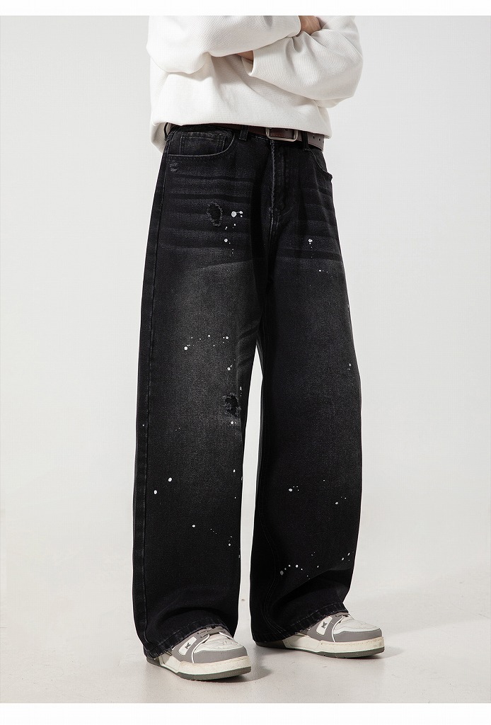 メンズデニムパンツ ヴィンテージウォッシュ ペイント加工 ワイド