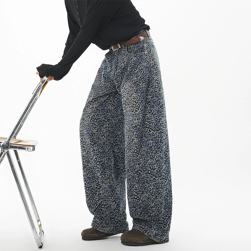 メンズデニムパンツ 豹柄プリントワイド秋冬