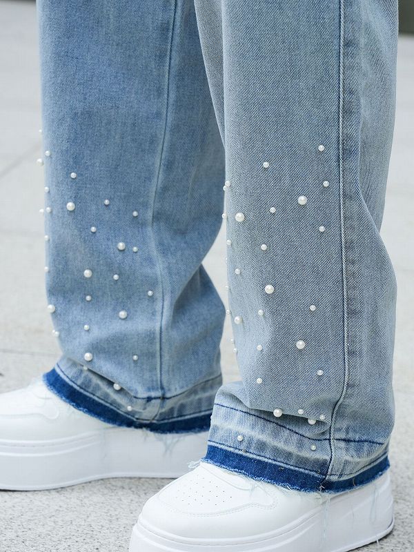 ラインストーン装飾ワイドメンズデニムパンツ