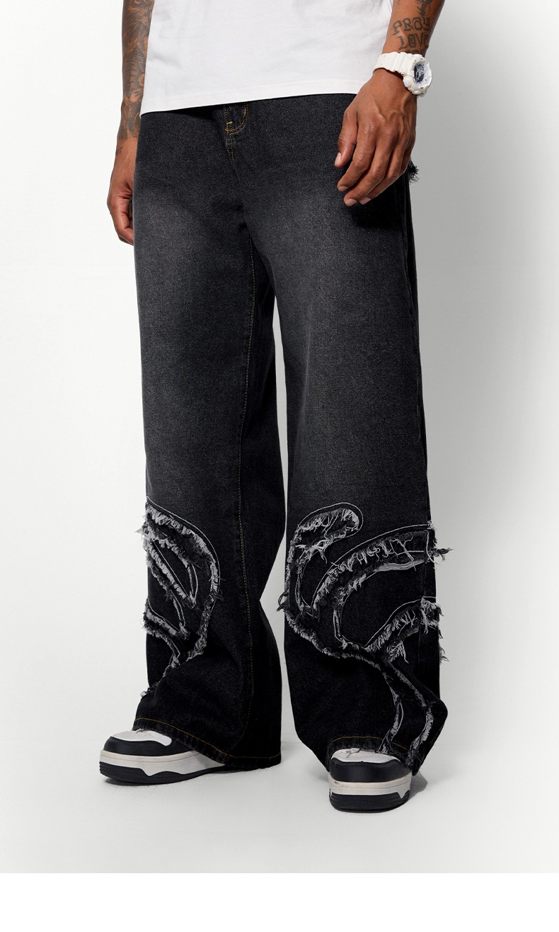 メンズデニムパンツ ウォッシュ加工 ダメージ風パッチ付きワイド ゆったりシルエット