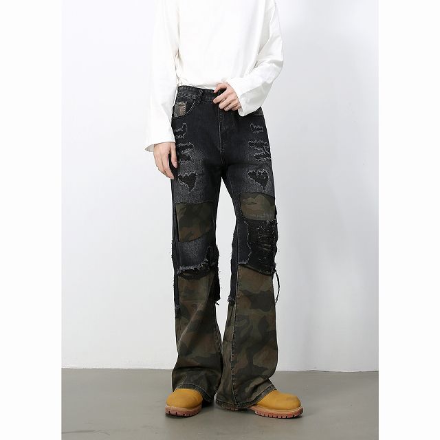 メンズデニムパンツ ダメージ加工デニムパンツ 迷彩切替 男女兼用 春秋