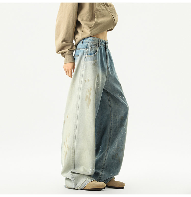 メンズデニムパンツ ビンテージ加工ワイドデニムパンツ男女兼用ストリート系