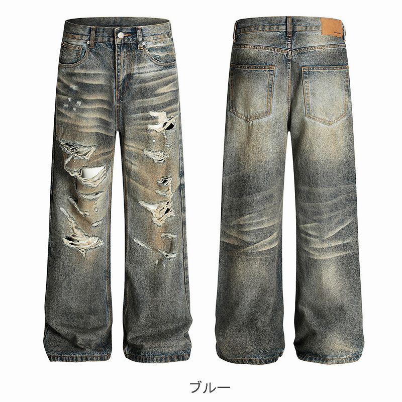 メンズデニムパンツ ダメージ加工 ヴィンテージ風 ワイド