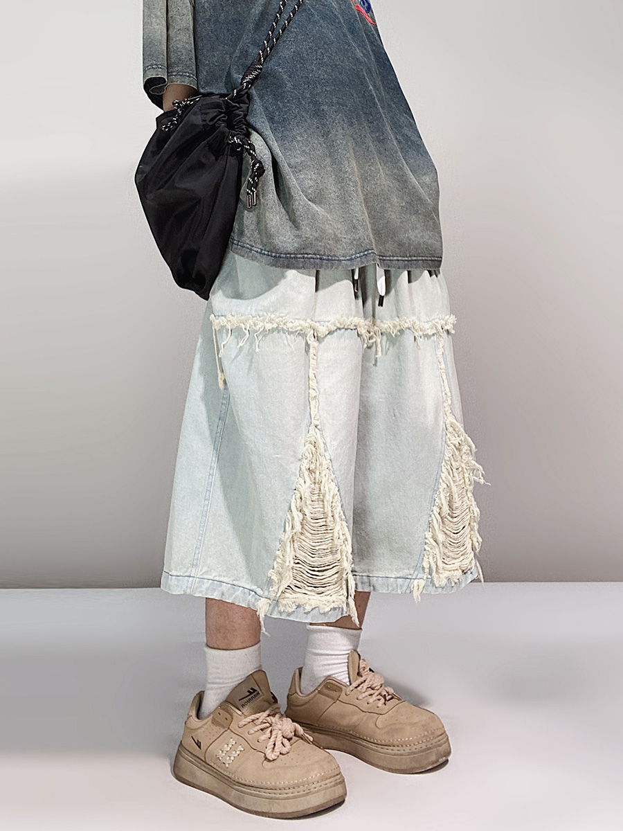 デニムパンツメンズ ワイドシルエット裂け加工デニム