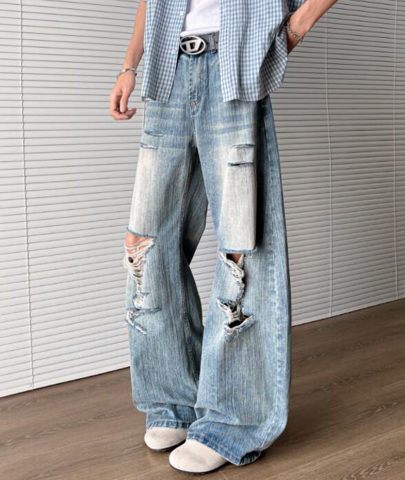 メンズデニムパンツ 復古風ダメージ加工デニムパンツ メンズワイドボトムス