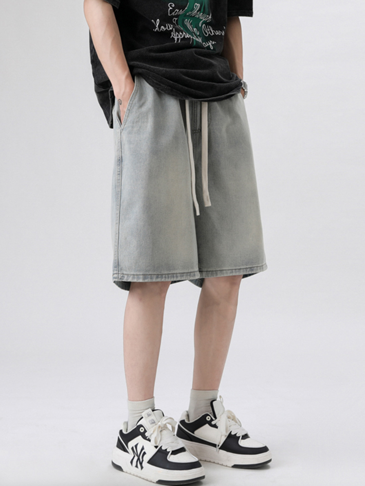 デニムパンツメンズ ワイド リラックスドローハーフパンツ