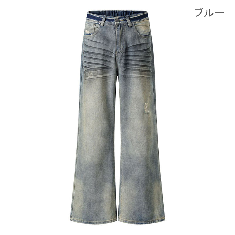 メンズデニムパンツ ビンテージ風ワイド 男女兼用ボトムス
