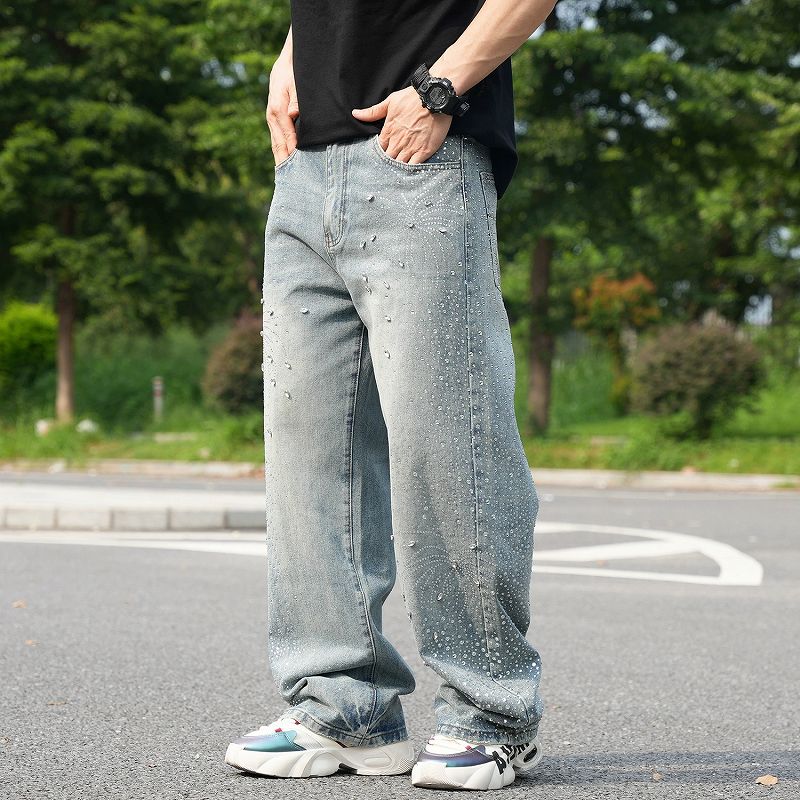 ラインストーン装飾メンズデニムパンツ街系ワイドボトムス