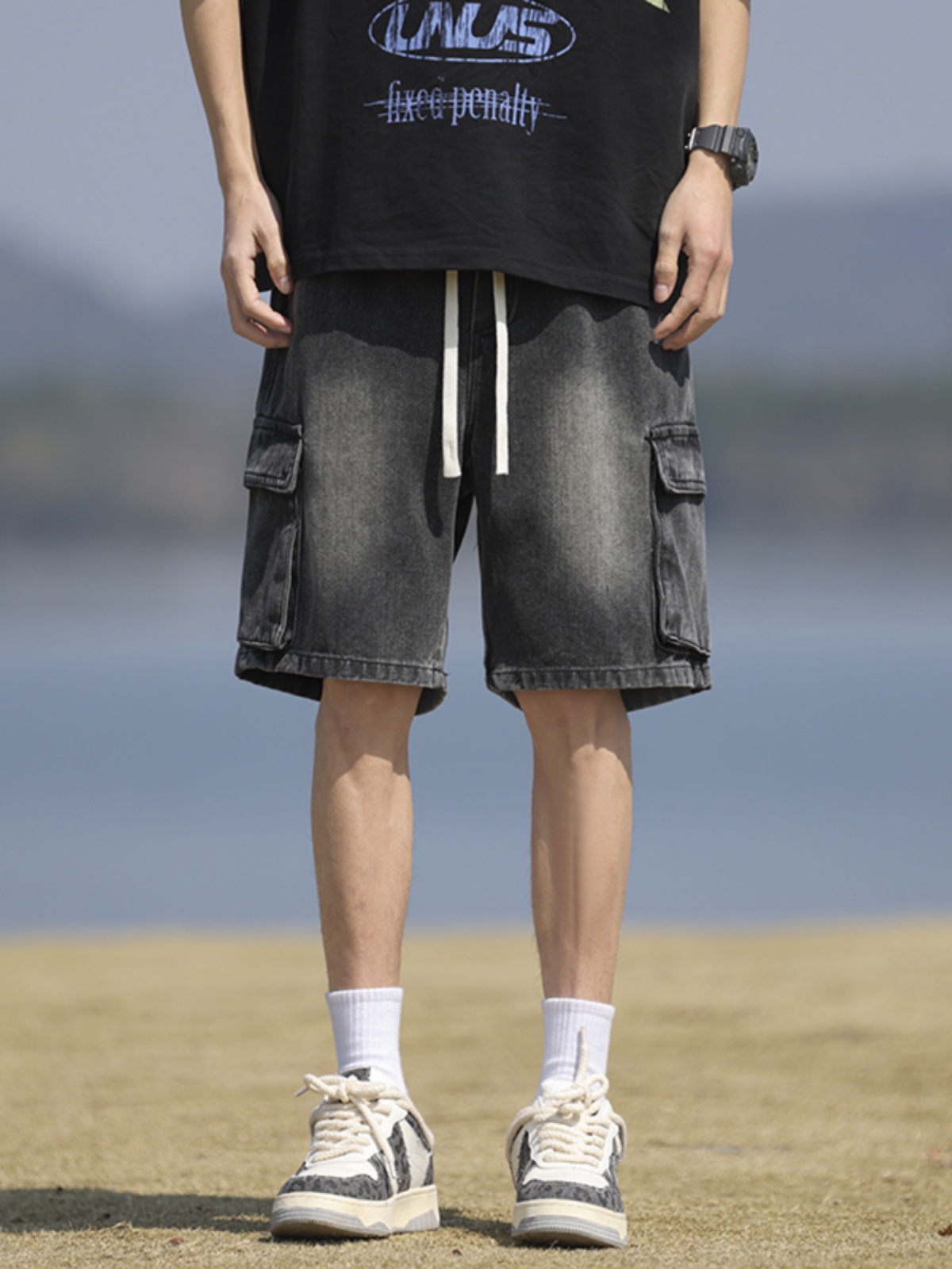 デニムパンツメンズ ワイド ゆったりカーゴデニムハーフパンツ