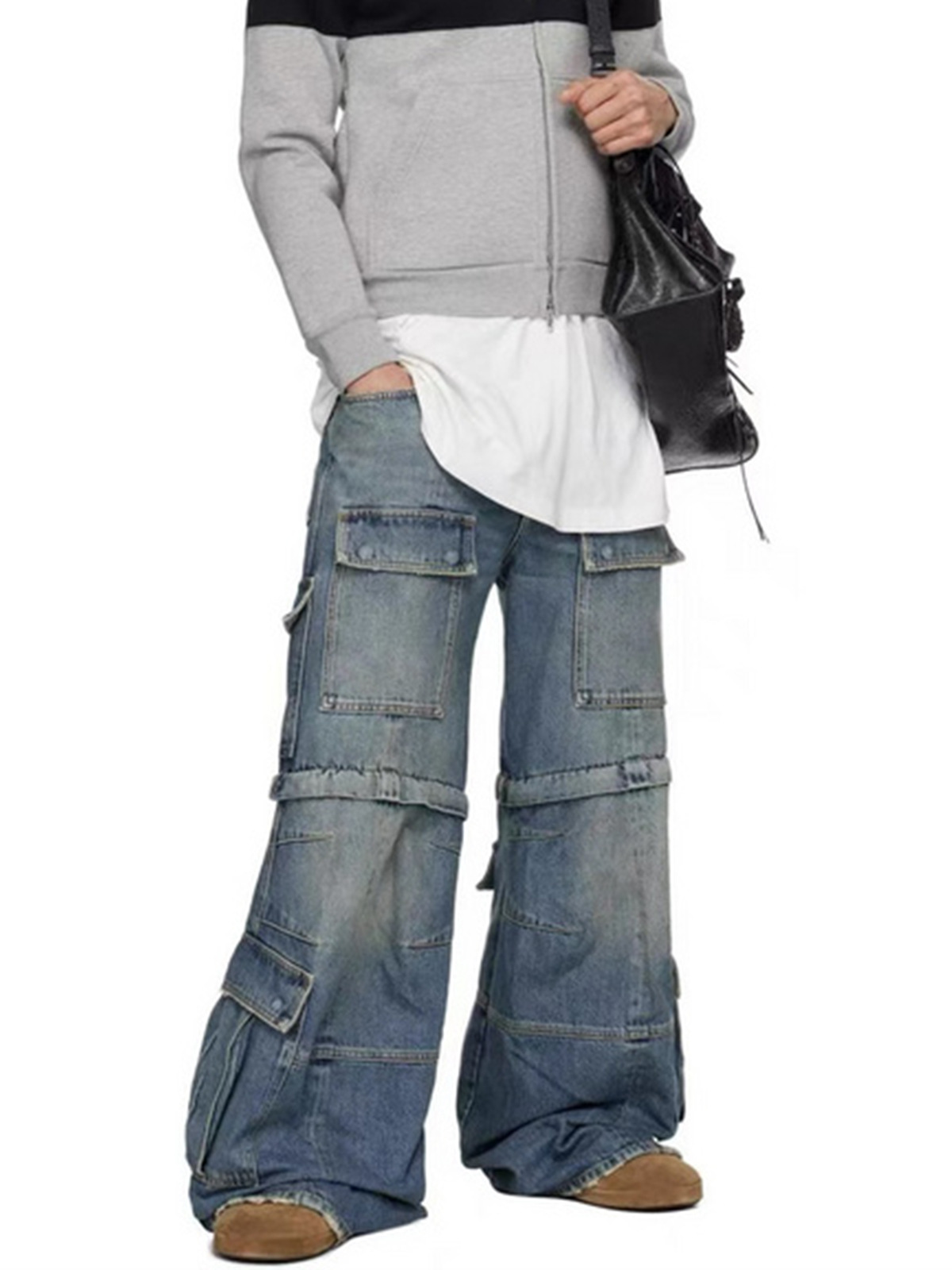 メンズデニムパンツ ビンテージ風 カーゴ ワイドシルエット