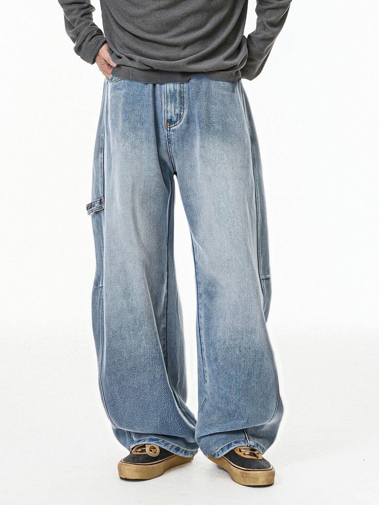 メンズデニムパンツ メンズ秋新作ワイドレッグデニムワークパンツ復古加工